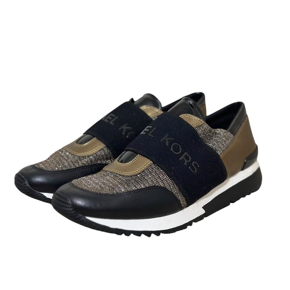 Michael Kors Felix Trainer Sneakers Bronze Black Glitter Logo Slip On Women 7.5M